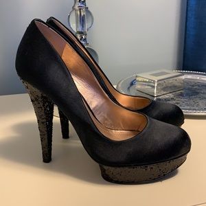 BCBG black satin pumps with sequins detail!